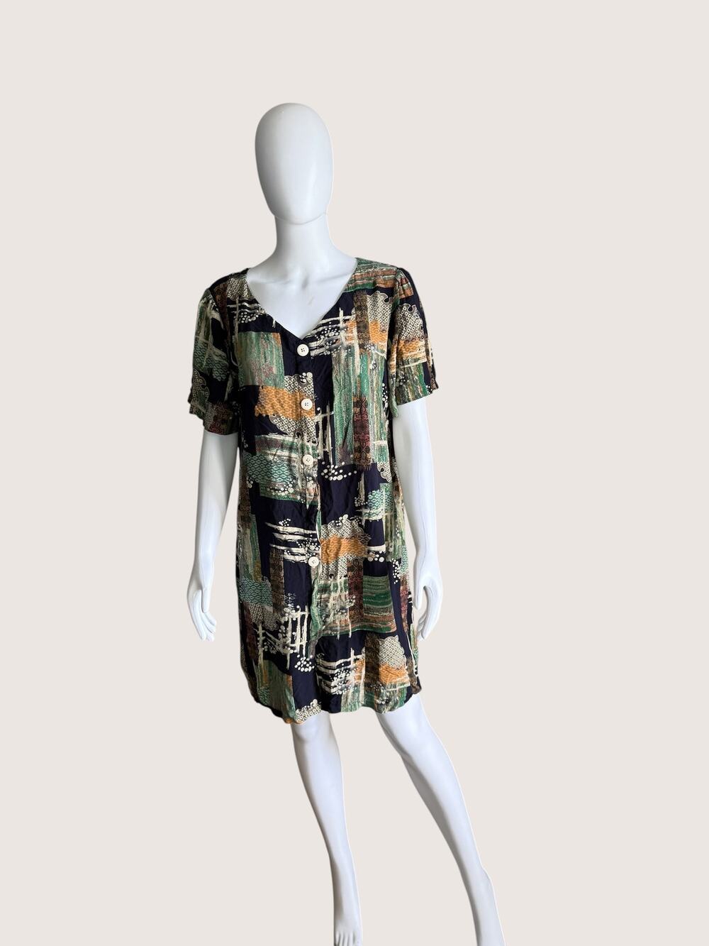 Abstract Print Button Front Shift Mini Dress